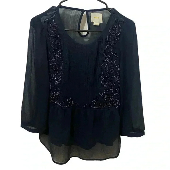 Anthro Maeve Helene Sequined Peplum Blouse Size 4 - Picture 2 of 6